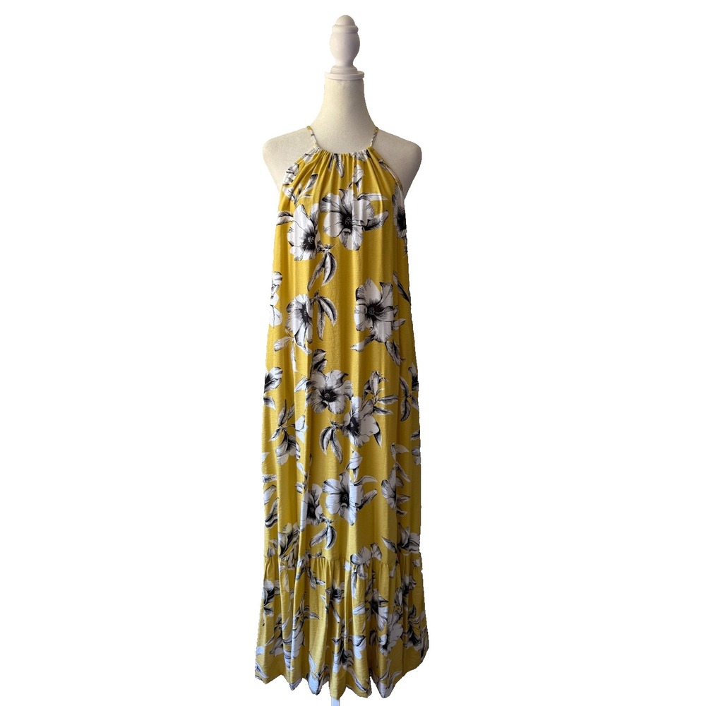 Banana Republic Yellow Floral Halter Maxi Dress Tiered Hem Summer Resort Size 14